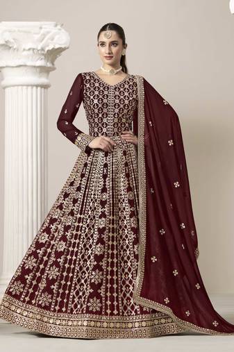 Maroon faux georgette heavy thread embroidery with sequins work salwar kameez