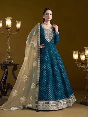 Blue chanderi butti heavy thread embroidery with sequins work salwar kameez 1