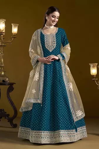 Blue chanderi butti heavy thread embroidery with sequins work salwar kameez