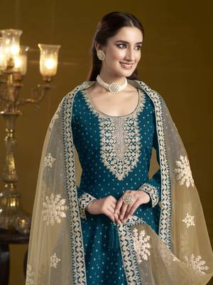Blue chanderi butti heavy thread embroidery with sequins work salwar kameez 3
