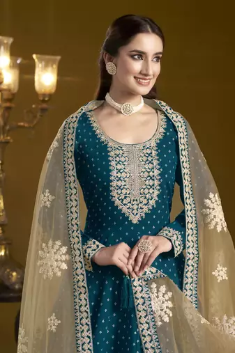 Blue chanderi butti heavy thread embroidery with sequins work salwar kameez