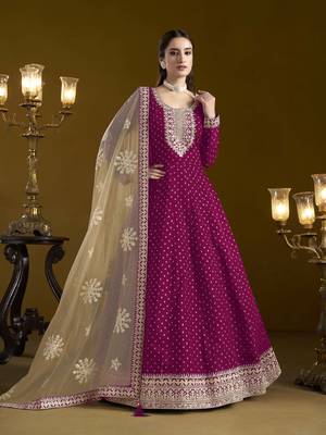 Rani pink chanderi butti heavy thread embroidery with sequins work salwar kameez 1