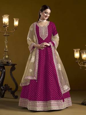 Rani pink chanderi butti heavy thread embroidery with sequins work salwar kameez 2