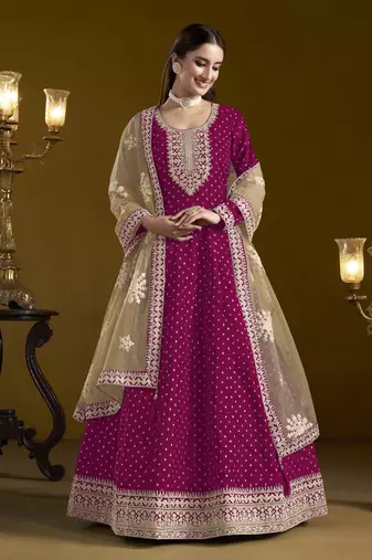 Rani pink chanderi butti heavy thread embroidery with sequins work salwar kameez