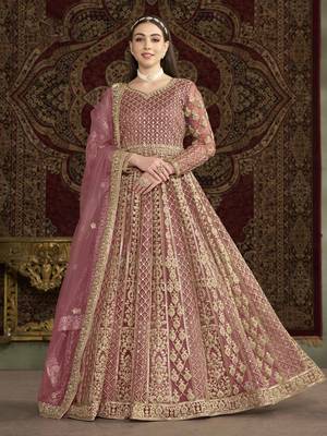 Pink net heavy thread embroidery with sequis work salwar kameez 1