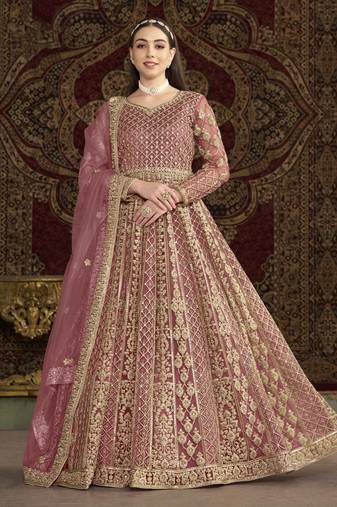 Pink net heavy thread embroidery with sequis work salwar kameez