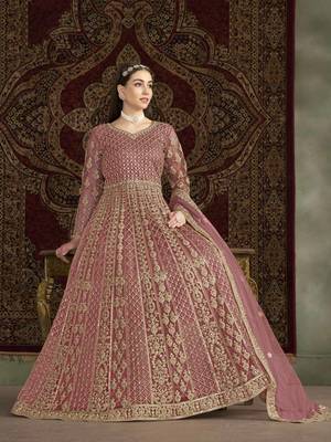Pink net heavy thread embroidery with sequis work salwar kameez 2