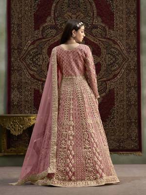 Pink net heavy thread embroidery with sequis work salwar kameez 3