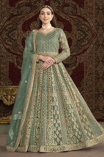 Turquoise green net heavy thread embroidery with sequis work salwar kameez