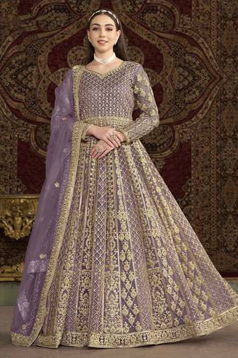 Purple net heavy thread embroidery with sequis work salwar kameez