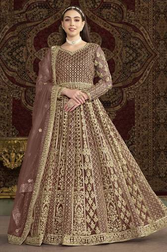 Brown net heavy thread embroidery with sequis work salwar kameez