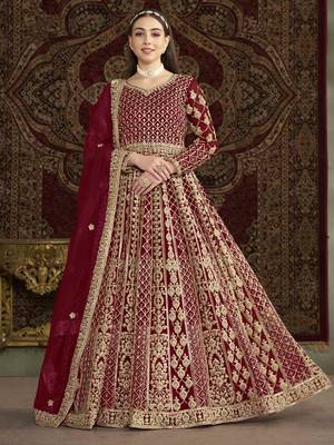 Maroon net heavy thread embroidery with sequis work salwar kameez 1
