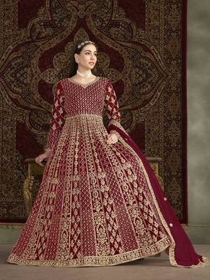 Maroon net heavy thread embroidery with sequis work salwar kameez 2