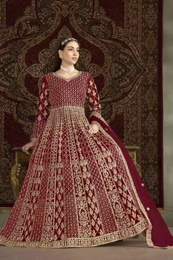 Maroon net heavy thread embroidery with sequis work salwar kameez