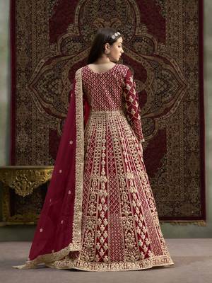 Maroon net heavy thread embroidery with sequis work salwar kameez 3