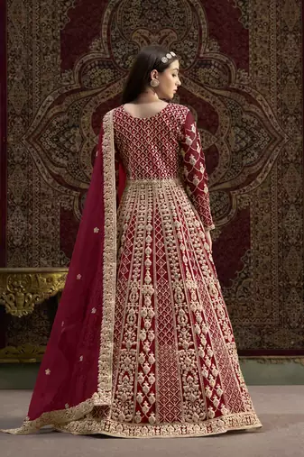 Maroon net heavy thread embroidery with sequis work salwar kameez