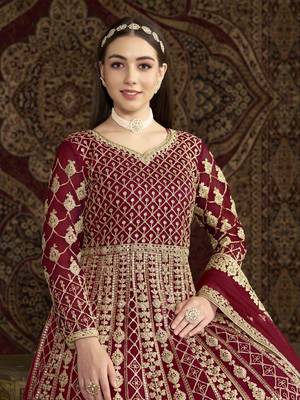 Maroon net heavy thread embroidery with sequis work salwar kameez 4