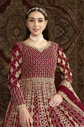 Maroon net heavy thread embroidery with sequis work salwar kameez