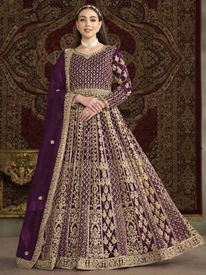 Purple net heavy thread embroidery with sequis work salwar kameez 1