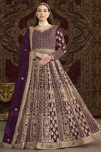 Purple net heavy thread embroidery with sequis work salwar kameez