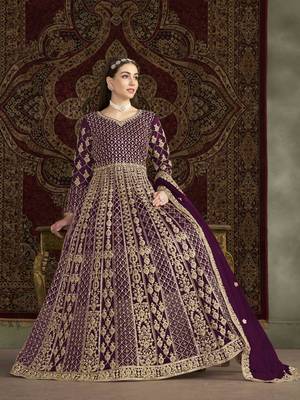 Purple net heavy thread embroidery with sequis work salwar kameez 2
