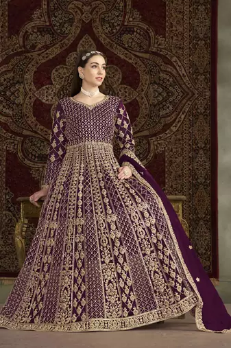 Purple net heavy thread embroidery with sequis work salwar kameez