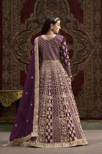 Purple net heavy thread embroidery with sequis work salwar kameez