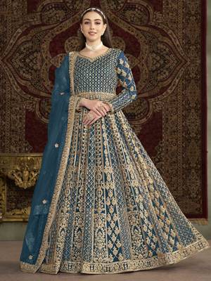 Teal blue net heavy thread embroidery with sequis work salwar kameez 1