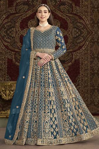 Teal blue net heavy thread embroidery with sequis work salwar kameez
