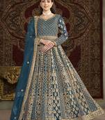Teal blue net heavy thread embroidery with sequis work salwar kameez