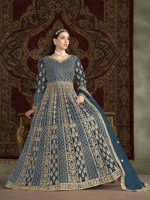 Teal blue net heavy thread embroidery with sequis work salwar kameez 2