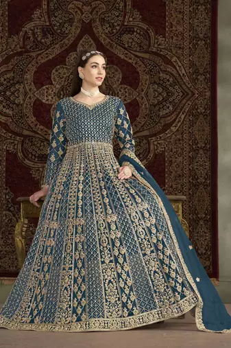 Teal blue net heavy thread embroidery with sequis work salwar kameez