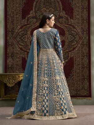 Teal blue net heavy thread embroidery with sequis work salwar kameez 3