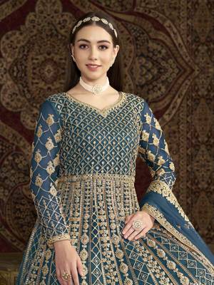 Teal blue net heavy thread embroidery with sequis work salwar kameez 4