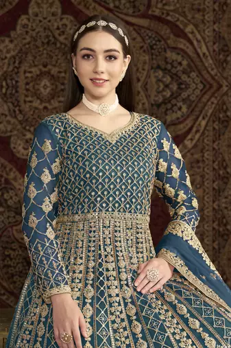 Teal blue net heavy thread embroidery with sequis work salwar kameez