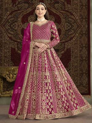 Hot pink net heavy thread embroidery with sequis work salwar kameez 1