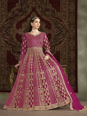 Hot pink net heavy thread embroidery with sequis work salwar kameez 2