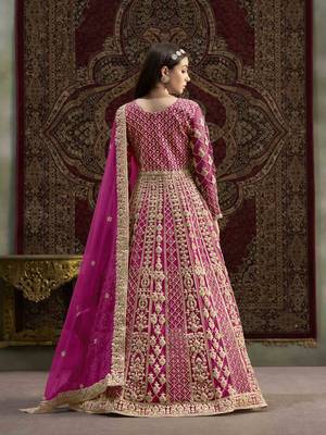 Hot pink net heavy thread embroidery with sequis work salwar kameez 3