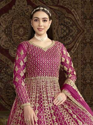 Hot pink net heavy thread embroidery with sequis work salwar kameez 4