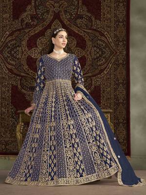 Navy blue net heavy thread embroidery with sequis work salwar kameez 2