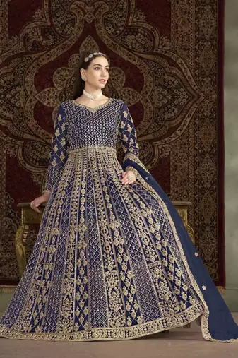 Navy blue net heavy thread embroidery with sequis work salwar kameez