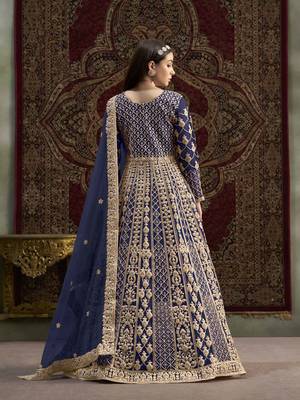 Navy blue net heavy thread embroidery with sequis work salwar kameez 3