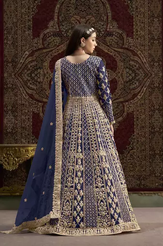 Navy blue net heavy thread embroidery with sequis work salwar kameez