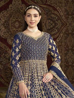 Navy blue net heavy thread embroidery with sequis work salwar kameez 4