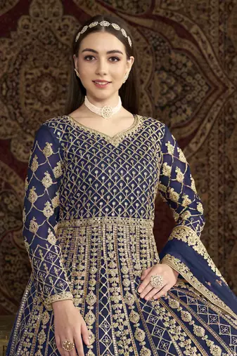 Navy blue net heavy thread embroidery with sequis work salwar kameez