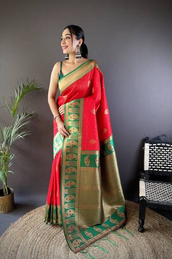 Faux banarasi silk saree with weaving border & designer pallu