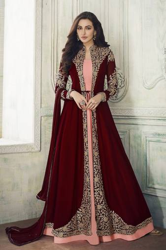 Graceful Maroon Faux Georgette Semi Stitched Wedding Women's Salwar Kameez Semi stitched