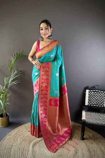 Faux banarasi silk saree with weaving border & designer pallu