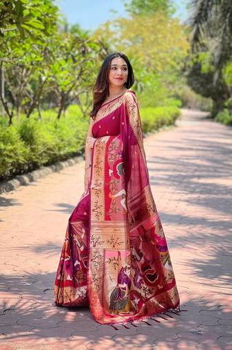 Faux kanjivaram paithani silk saree with minakari border & designer pallu