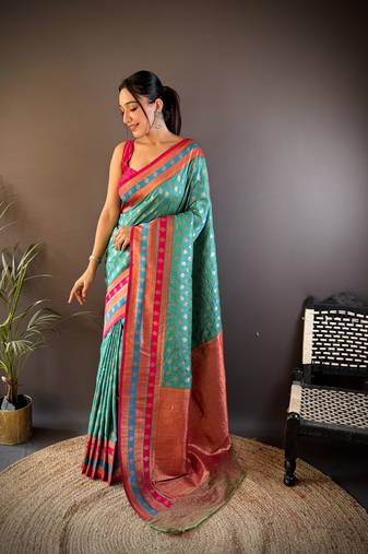 Faux banarasi silk saree with weaving border & designer pallu